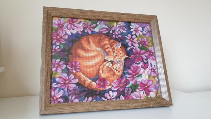 Stunning Handmade Cross Stitch Embroidery - Cats in flowers