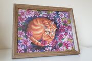 Stunning Handmade Cross Stitch Embroidery - Cats in flowers
