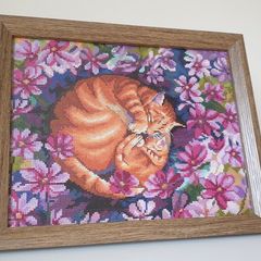 Stunning Handmade Cross Stitch Embroidery - Cats in flowers