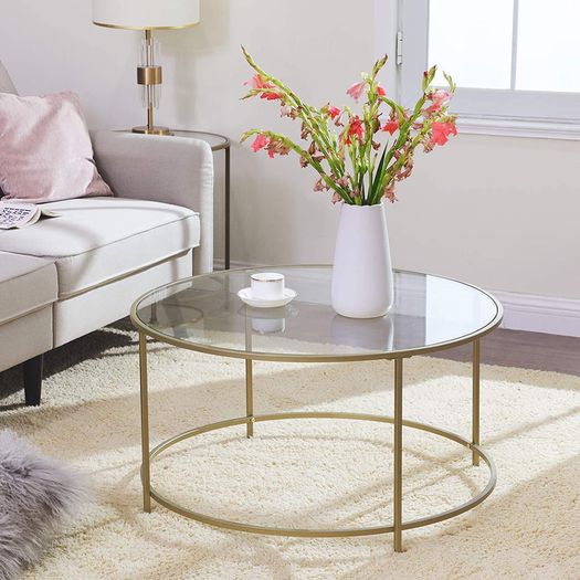 Coffee table, side table round, glass table with metal frame, tempered glass, bedside table, sofa table, for balcony, golden