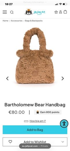 New JELLYCAT Bartholomew Bear Handbag