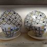 Pair of Fabulous Mid Century Modern 1950's Mix and Match Trios, in the Rare and Stunning "Manhattan" Yellow and Black Check Pattern, Paired with Woodsware "Jasmine" Utilityware saucers. Image 5