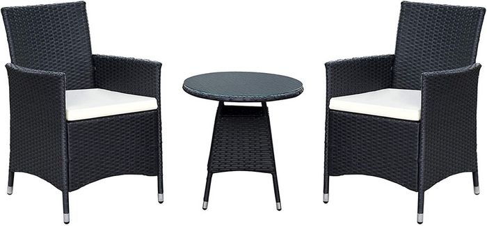 3-piece garden furniture set, lounge set, cream-colored cushions - made of PE rattan - table plus two chairs - practical to store, colour: black/cream