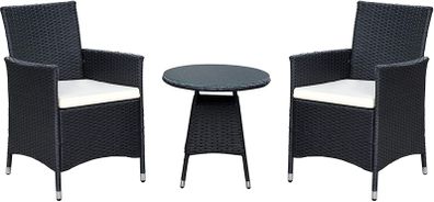 3-piece garden furniture set, lounge set, cream-colored cushions - made of PE rattan - table plus two chairs - practical to store, colour: black/cream