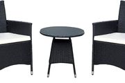 3-piece garden furniture set, lounge set, cream-colored cushions - made of PE rattan - table plus two chairs - practical to store, colour: black/cream