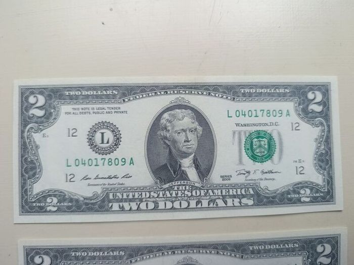 5 UNC  USA 2 Dollars Banknotes In Sequence