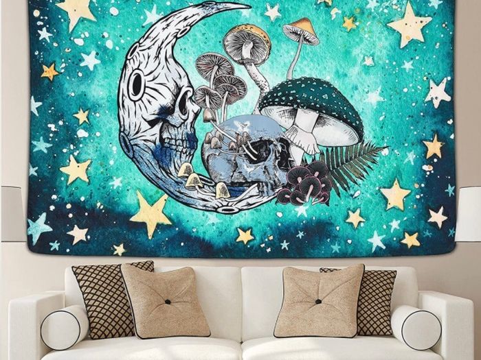 Skull Tapestry Mushroom Stars Moon Tapestry Abstract Hippy Trippy Wall Hanging Tapestry Home Decor (MULTIPLE SIZES)