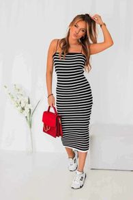 Knitted Pencil Dress, White And Black