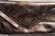 Dark Brown Metallic V-Shaped Envelope-Style Clutch Bag with Wrist Strap