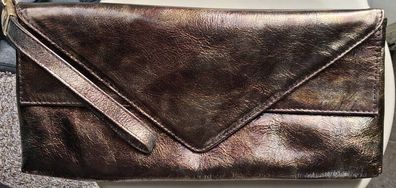 Dark Brown Metallic V-Shaped Envelope-Style Clutch Bag with Wrist Strap