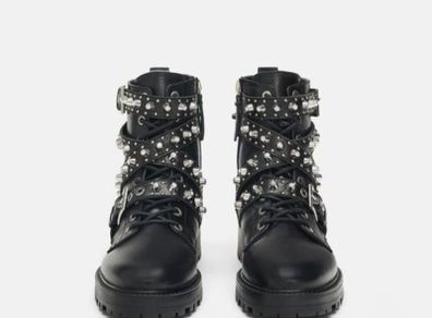 ZARA black studded strap chunky lace-up boots Sz 37 - Bnwot Rrp 69.99