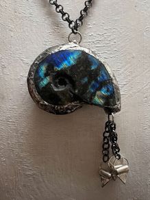 Soldered Flashy Labradorite Ammonite Fossil Amulet Talisman Belcher Chain Necklace