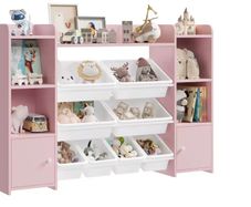 Childrens Toy Storage Unit and Bookcase with 8 Boxes and 9 Shelves White Pink Multi for Kids  138x29x94 cm