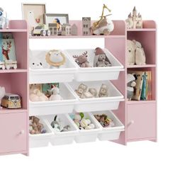 Childrens Toy Storage Unit and Bookcase with 8 Boxes and 9 Shelves White Pink Multi for Kids  138x29x94 cm