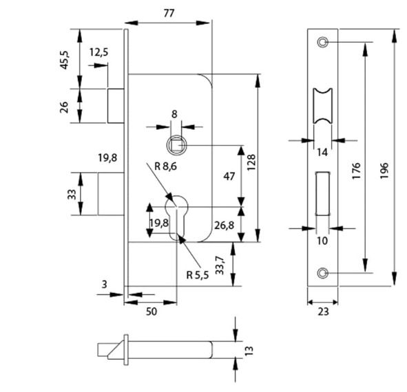 Tesa Assa Abloy, 20105PHL, Mortise lock for wooden doors