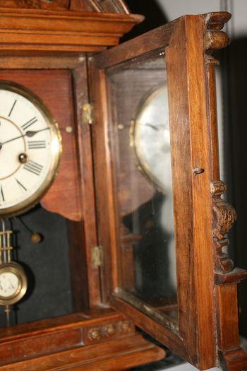Antique Wood Carved P.H. S. 1800s Mantel Clock (in working order -  the clock doesn't ring) 21,5" x 11"