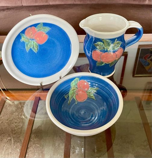 Vintage R and J Forrester Bandon Pottery Ireland Jug Sugar Bowl Plate Cobalt Blue Fruits Design