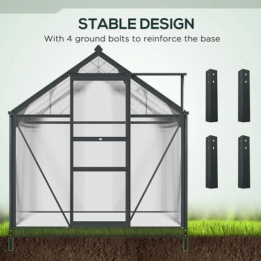 6 x 6ft Polycarbonate Greenhouse, Large Walk-In Green House with Slide Door and Window, Garden Plants Grow House with Aluminium Frame and Foundation, Grey