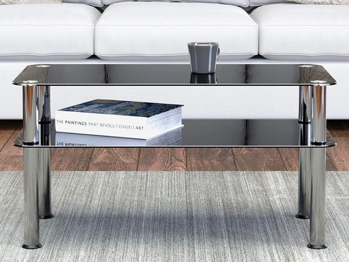 Chrome and Black Coffee Table with Shelf - Tempered Safety Glass Coffee Table - Small Table W80cm x D40cm x H41.5cm - Living Room Furniture/Office Furniture (FREE POSTAGE)