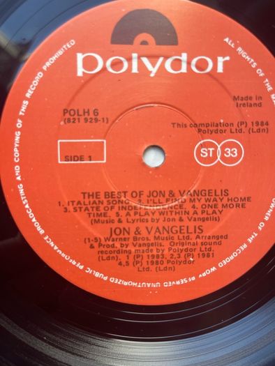 Original Irish release Jon and Vangelis the best of in near mint condition