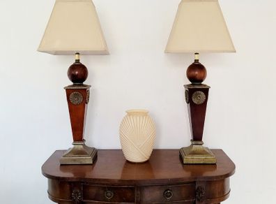 Vintage pair of large sunburst wooden lamps