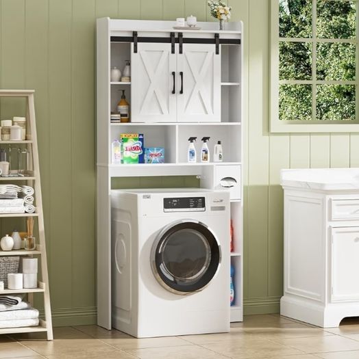 Toilet Storage Unit with 2 Sliding Door, Bathroom Storage Cabinet, Freestanding Toilet Space Saver with Adjustable Open Shelves, Laundry Cabinet Furniture, White