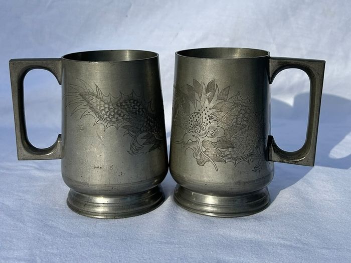 Pair Chinese Pewter Lidded Tankards - Kut Hing Swatow  - Dragon Relief