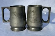 Pair Chinese Pewter Lidded Tankards - Kut Hing Swatow  - Dragon Relief