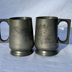 Pair Chinese Pewter Lidded Tankards - Kut Hing Swatow  - Dragon Relief