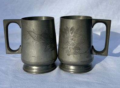 Pair Chinese Pewter Lidded Tankards - Kut Hing Swatow  - Dragon Relief