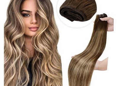 7 Piece LaaVoo 22inch Balayage Brown - blonde Human Hair Extensions Weft for Sewing Weave Remy Hair Extensions, 100g
