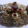 Vintage Ornate Oval Ruby Glass Domed Filigree Gold Tone Brooch Pin Image 3