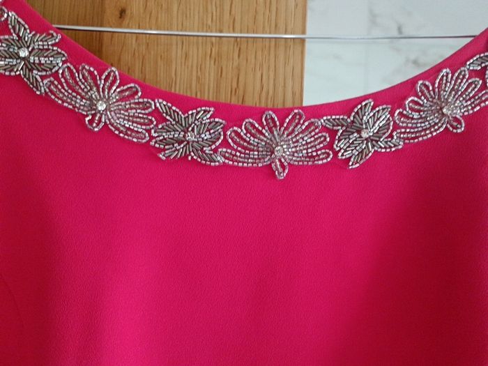 Boutique Spanish designer Sonia Pena coral pink cape drapes kimono sleeves dress beaded diamante neck S 10 occasion party wedding