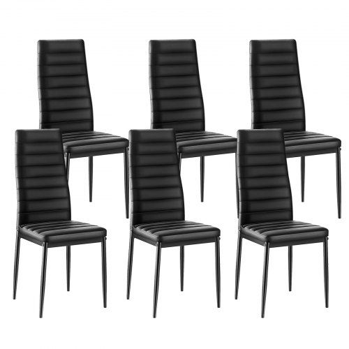 Modern Dining Room Accent Chairs Set of 6, Upholstered Leather Side Chair for Dining Tables, Space-Saving Kitchen Table Chair with Thick Cushions and Metal Legs, Black