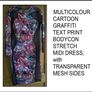 Multicolour Graffiti Text Print Bodycon Stretch Midi Dress with Transparent Mesh Sides Image 3
