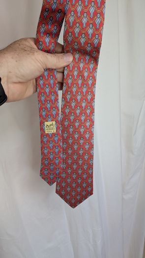 Hermes Paris Silk Tie Red Blue Chain Print Made In France Luxury Designer