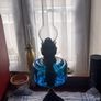 Antique Blue Glass Brass and cast iron metal large table oil lamp in very good condition and working Image 2