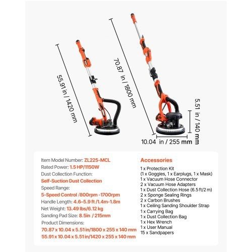 Drywall Sander, 1150W Electric Drywall Sander, Popcorn Ceiling Removal Tool with Vacuum Dust Collection, 5 Variable Speed 800-1700 RPM, LED Light,
