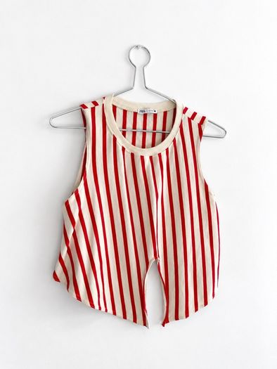 Pre Owned ZARA Red & Cream Vertical Striped Front-Tie Crop Tank Top