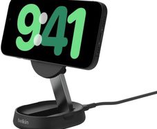 Belkin BoostCharge Pro 15W convertible magnetic wireless charging stand, MagSafe compatible fast Qi2 wireless charger, magnetic fast charger for Apple iPhone 17/16/15, Air, AirPods, PixelSnap - Black [Boxed]