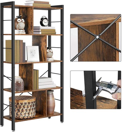 _bookshelf, shelf with 4 levels, standing shelf, bookcase, office shelf, industrial design, for living room, office, study, large, metal frame, vintage brown-black