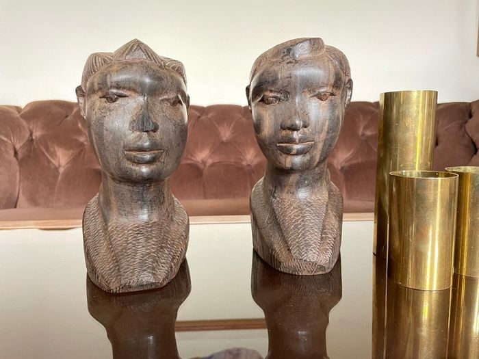 Pair of Vintage Mid Century African Art Hardwood Bust Carvings