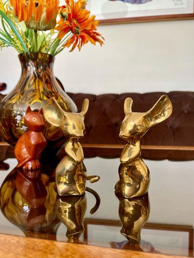 Two Vintage Stylised Big Eared Brass Mouse Figurines Brass Mice Ornaments 1970s