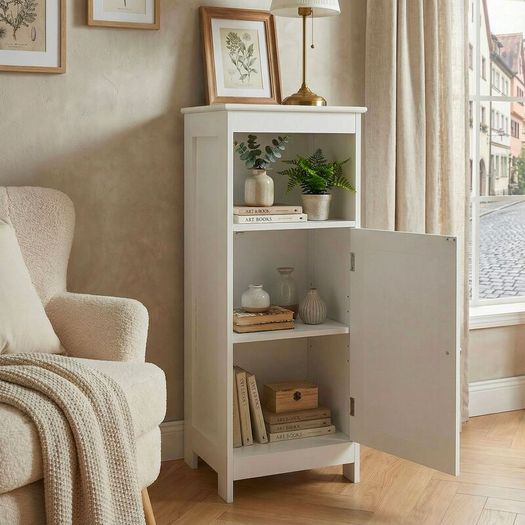 Slim White Storage Cabinet Narrow Freestanding Bathroom & Hallway Unit