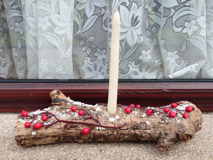 Lovely Timber Log Candle Holder With Candle.