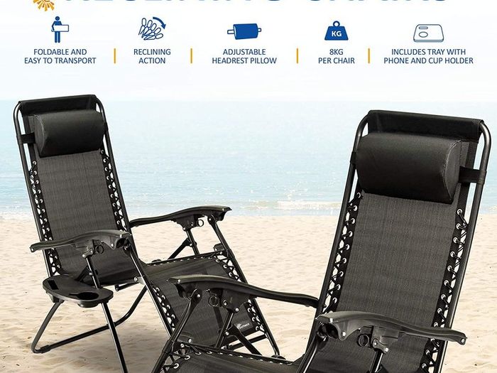 Set of 2 Sun Lounger Garden Chairs With Cup And Phone Holder - Deck Folding Recliner Zero Gravity Outdoor Chair - Black/Black