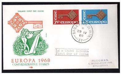 1968 Ireland Europa (CEPT) Commemorative Stamp First Day Cover (FDC) with Baile Atha Cliath (Dublin) steele cancel