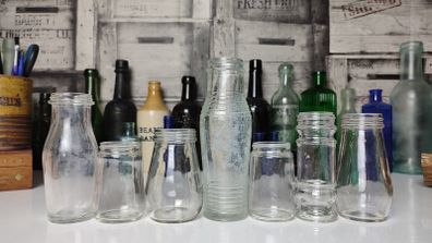 310 - Set of 7 Vintage Decorative Similar Size Collectible Clear Glass Tall Jars