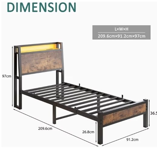 3ft Single Bed Frame with Charging Station and LED Lights, Wood Headboard with Storage Shelves, Heavy Duty Metal Slats, No Box Spring Needed, Noise Free, Easy Assembly,Black