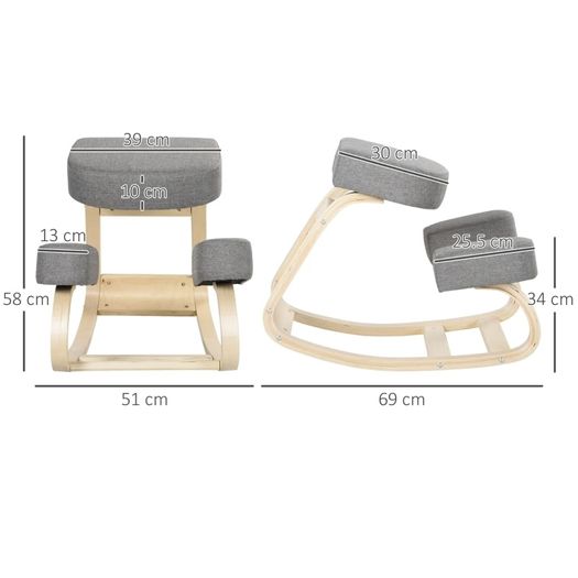 Kneeling chair, ergonomic seat stool, padded stool for healthy sitting posture, birch wood, 120 kg load capacity, Gray